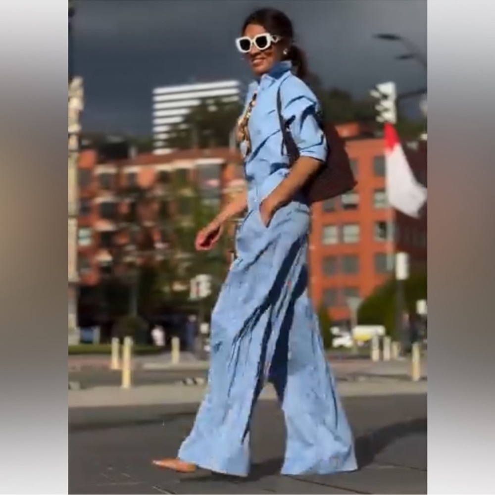 Zara Light Blue One-Shoulder Top and Wide-Leg Pants Set - Picture 12 of 16